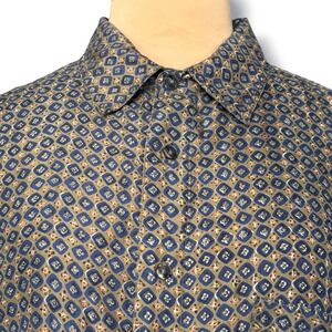 Vintage 100% Silk Geometric Print Button Down Shirt Blue Olive Large Eclectic